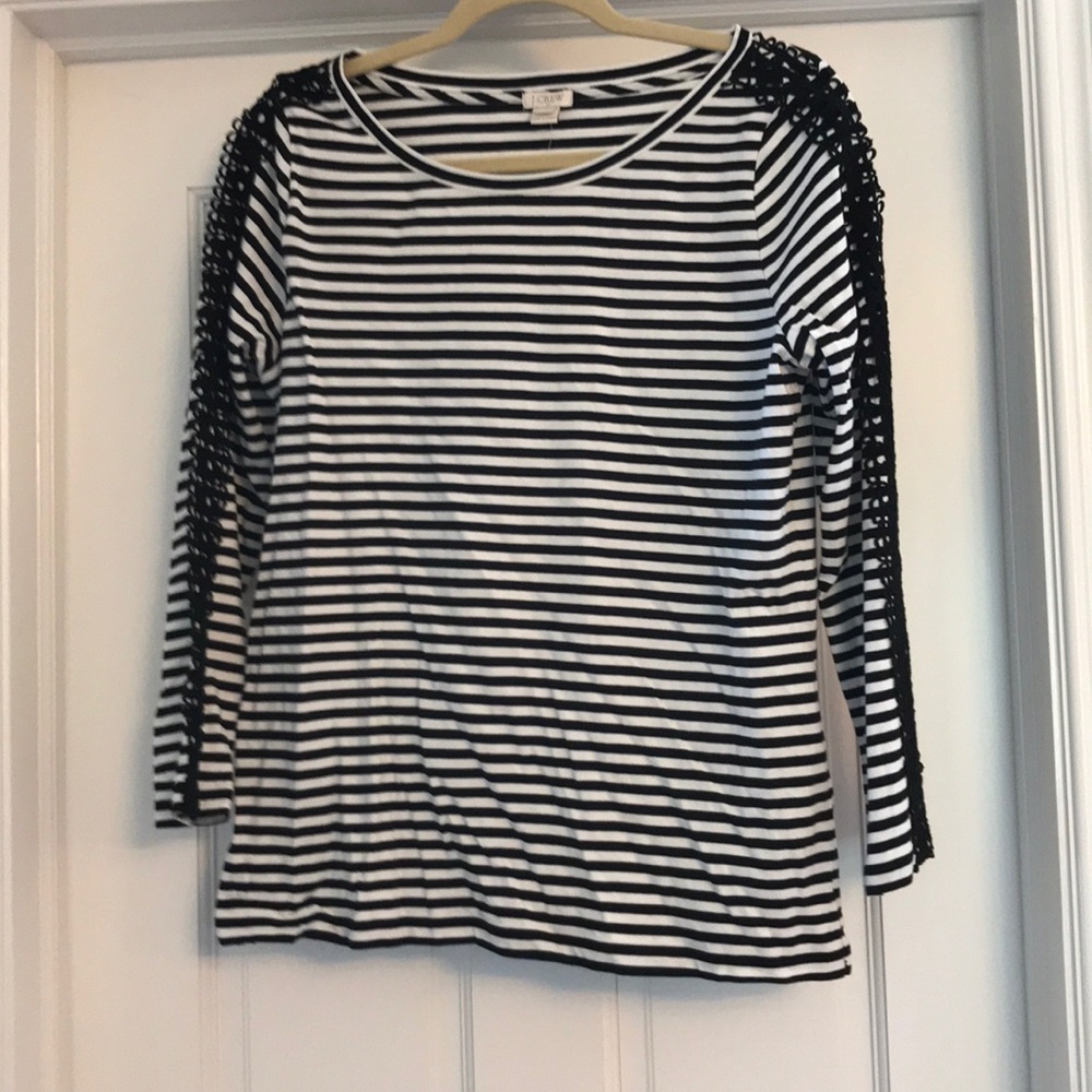 J crew M black & white striped tee w lace detail